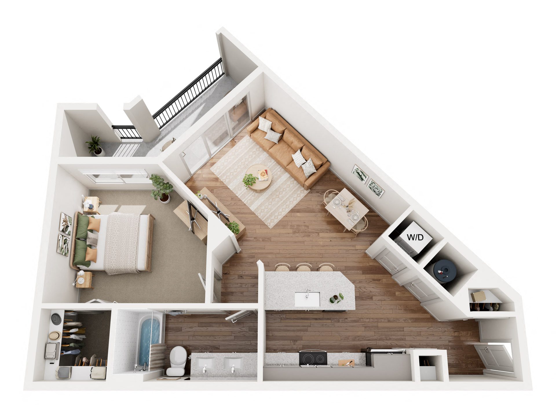 Floor plan for 1 bed, 1 bath, 744 sqft